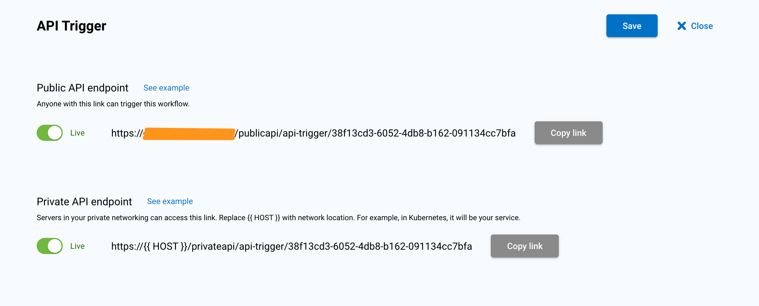 API trigger with public and private endpoints