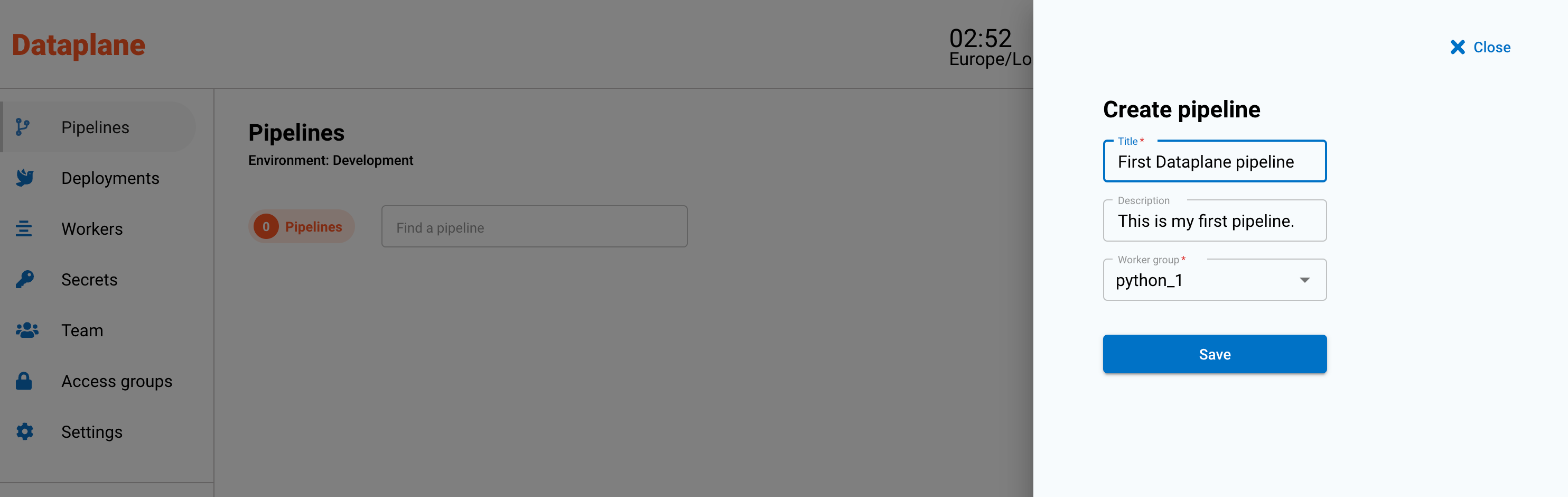 Create data pipeline sidebar
